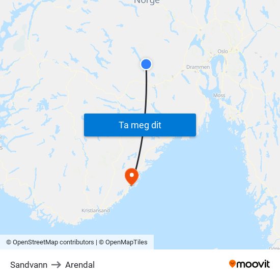 Sandvann to Arendal map