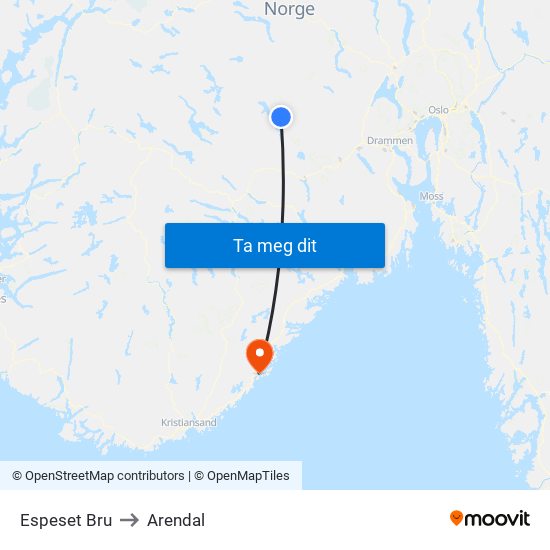 Espeset Bru to Arendal map