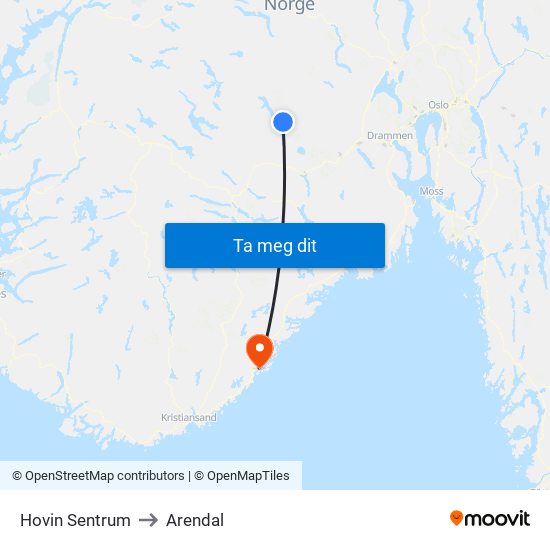 Hovin Sentrum to Arendal map