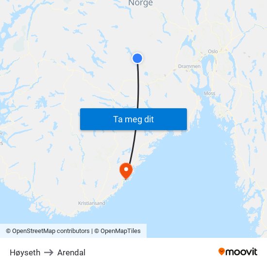 Høyseth to Arendal map