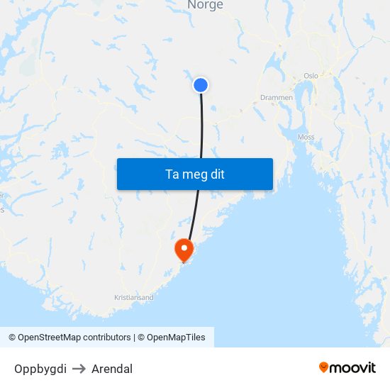 Oppbygdi to Arendal map