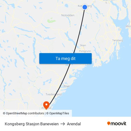 Kongsberg Stasjon Baneveien to Arendal map