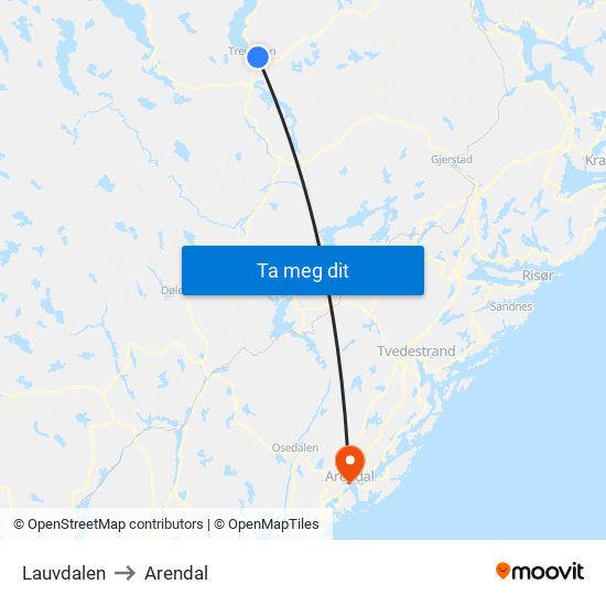 Lauvdalen to Arendal map