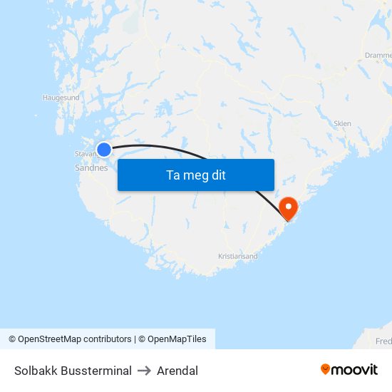 Solbakk Bussterminal to Arendal map