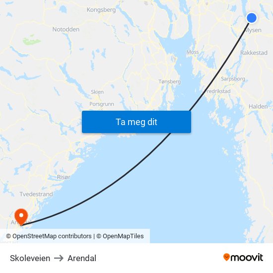 Skoleveien to Arendal map