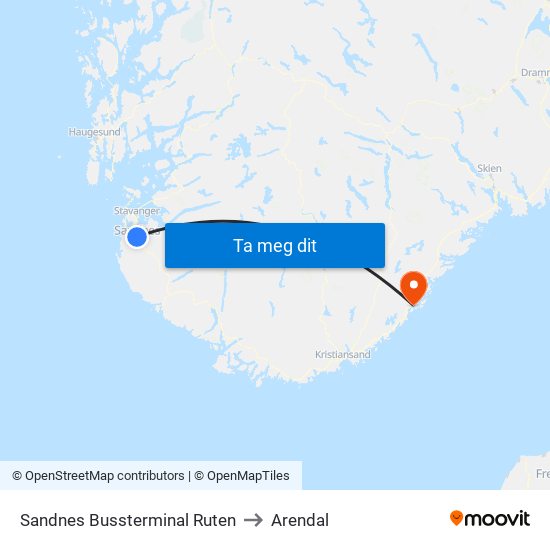 Sandnes Bussterminal Ruten to Arendal map