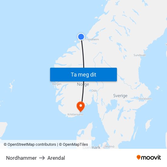 Nordhammer to Arendal map