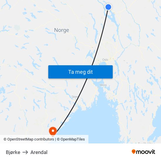 Bjørke to Arendal map