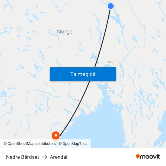 Nedre Bårdset to Arendal map