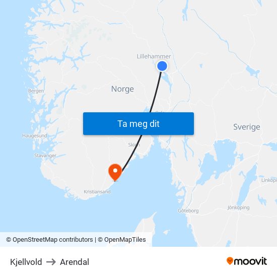 Kjellvold to Arendal map