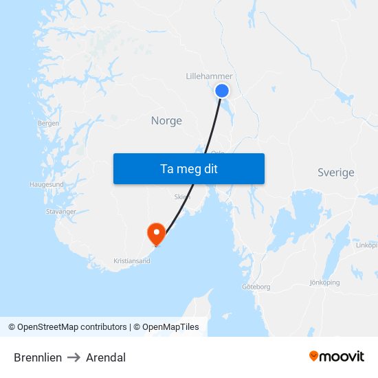 Brennlien to Arendal map