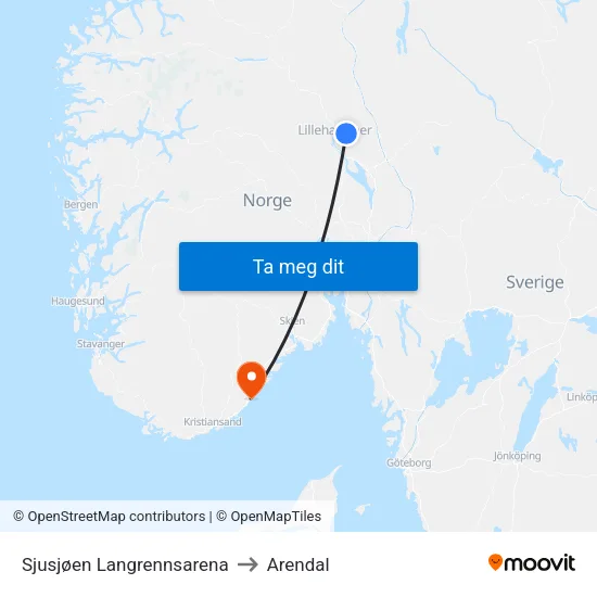 Sjusjøen Langrennsarena to Arendal map