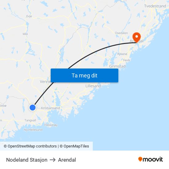 Nodeland Stasjon to Arendal map