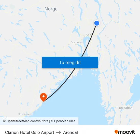 Clarion Hotel Oslo Airport to Arendal map