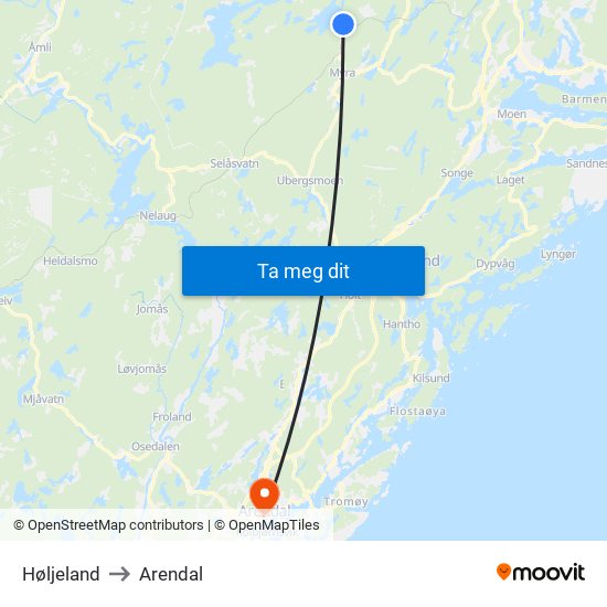 Høljeland to Arendal map