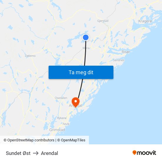 Sundet Øst to Arendal map