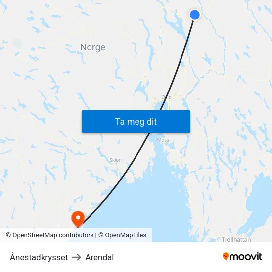 Ånestadkrysset to Arendal map