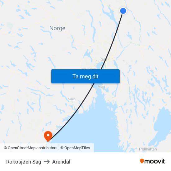 Rokosjøen Sag to Arendal map