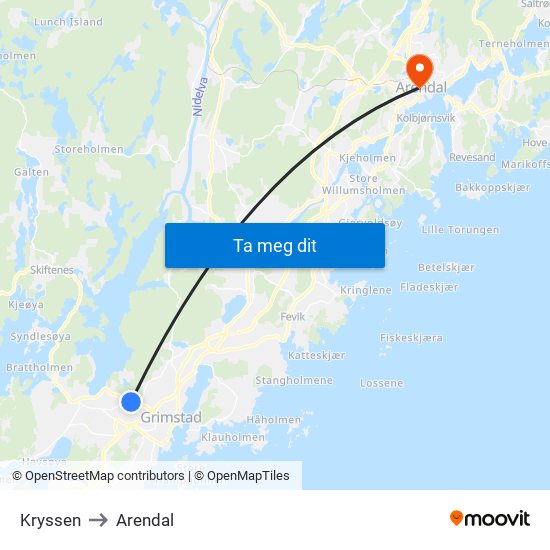 Kryssen to Arendal map