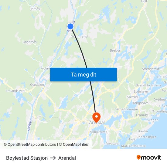 Bøylestad Stasjon to Arendal map