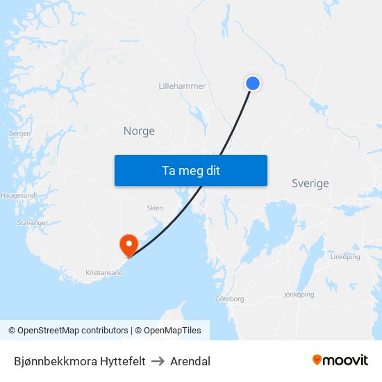 Bjønnbekkmora Hyttefelt to Arendal map