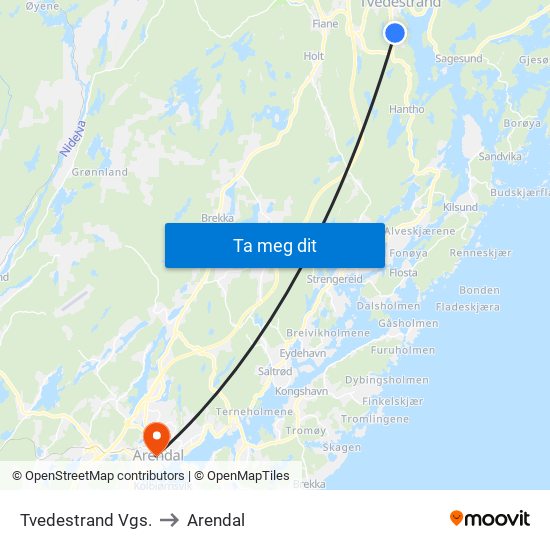 Tvedestrand Vgs. to Arendal map