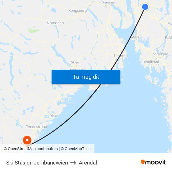 Ski Stasjon Jernbaneveien to Arendal map