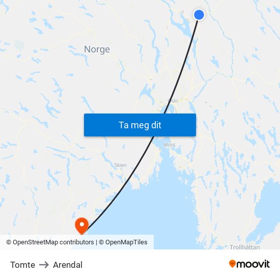 Tomte to Arendal map