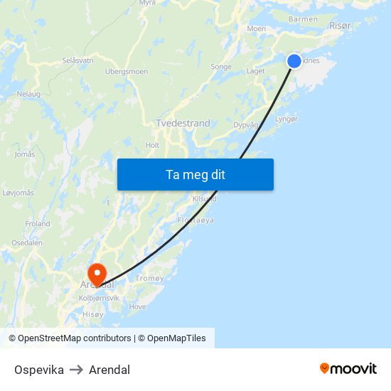 Ospevika to Arendal map