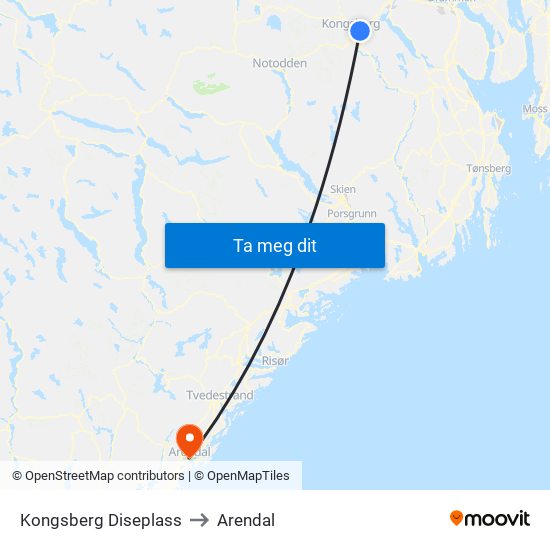 Kongsberg Diseplass to Arendal map
