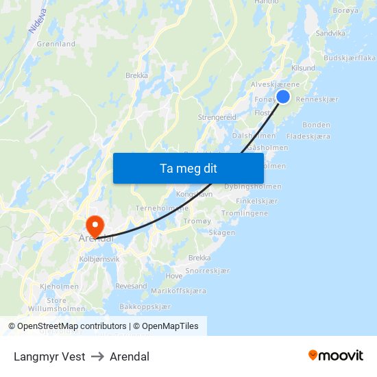 Langmyr Vest to Arendal map