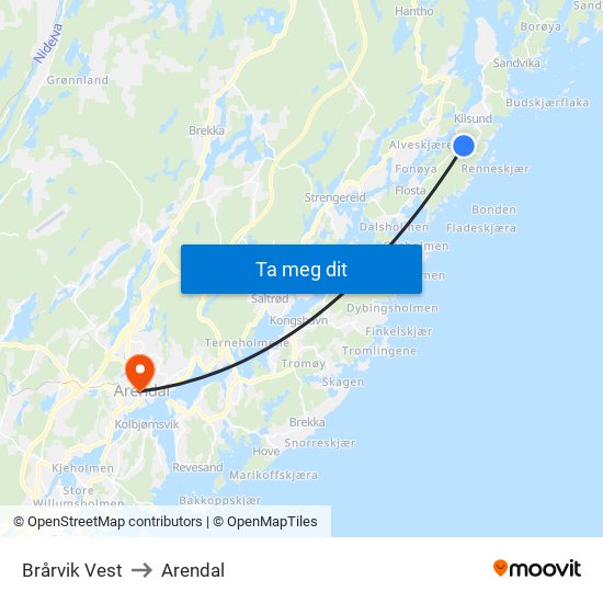 Brårvik Vest to Arendal map