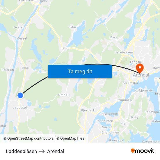 Løddesølåsen to Arendal map