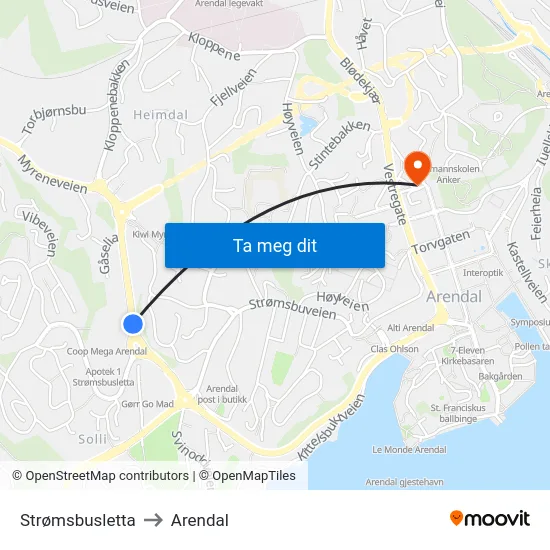 Strømsbusletta to Arendal map