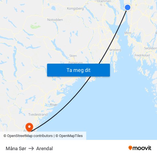 Måna Sør to Arendal map