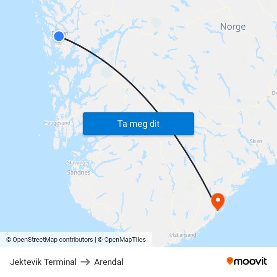 Jektevik Terminal to Arendal map