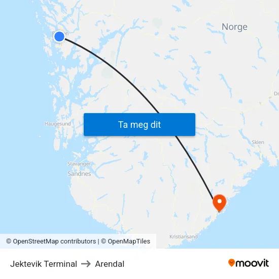 Jektevik Terminal to Arendal map