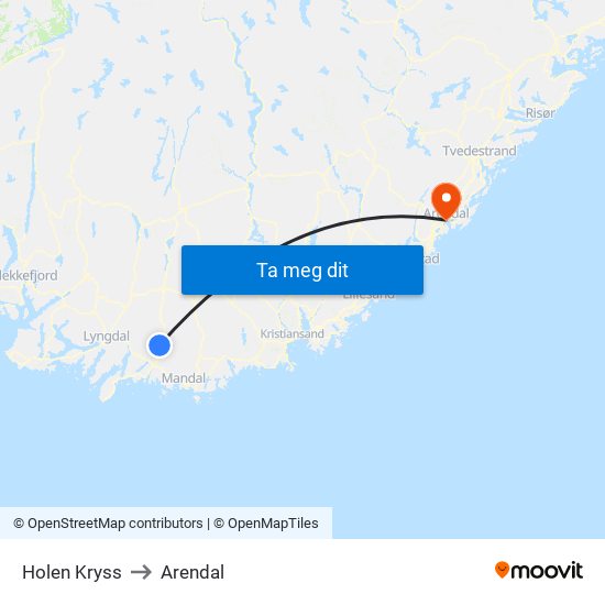 Holen Kryss to Arendal map