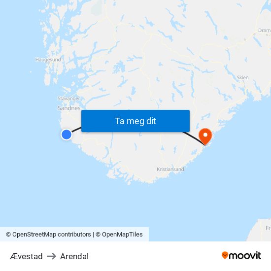 Ævestad to Arendal map