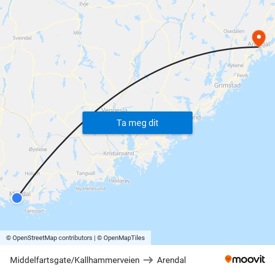 Middelfartsgate/Kallhammerveien to Arendal map