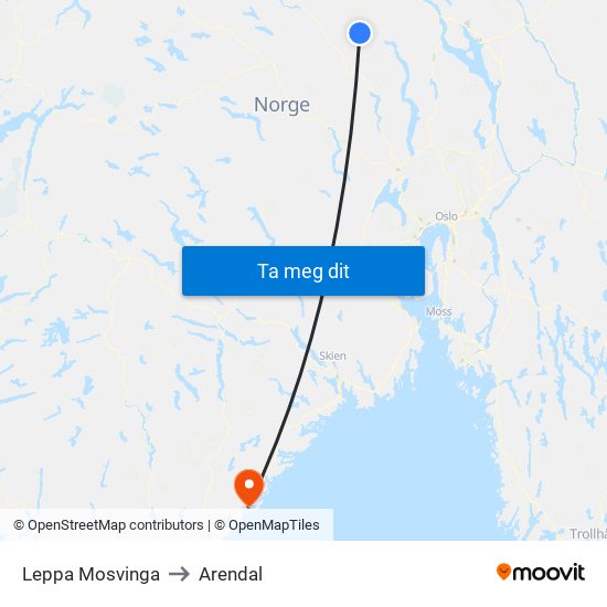 Leppa Mosvinga to Arendal map