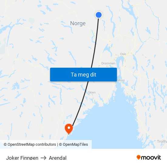 Joker Finnøen to Arendal map