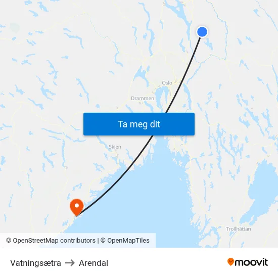 Vatningsætra to Arendal map