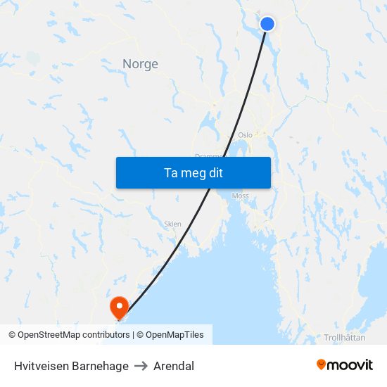 Hvitveisen Barnehage to Arendal map