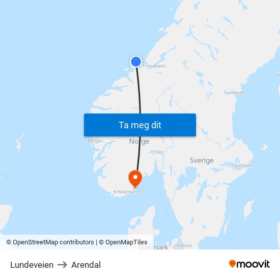 Lundeveien to Arendal map