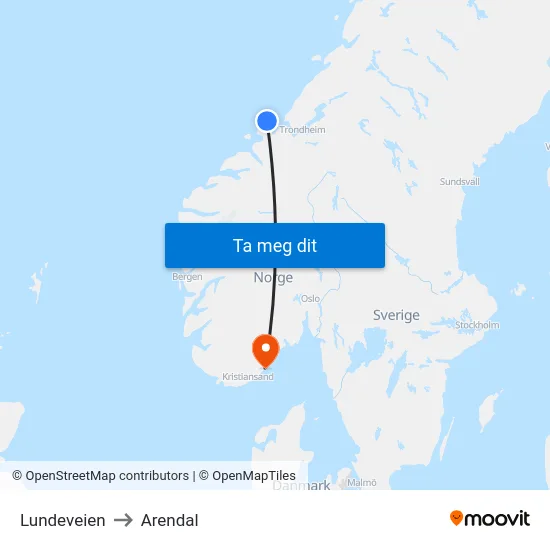 Lundeveien to Arendal map