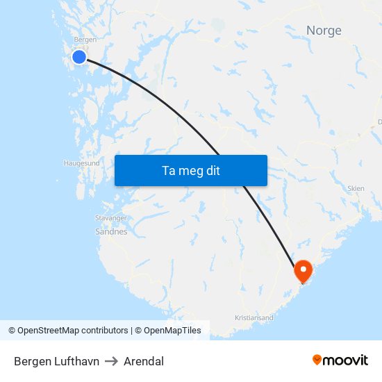 Bergen Lufthavn to Arendal map