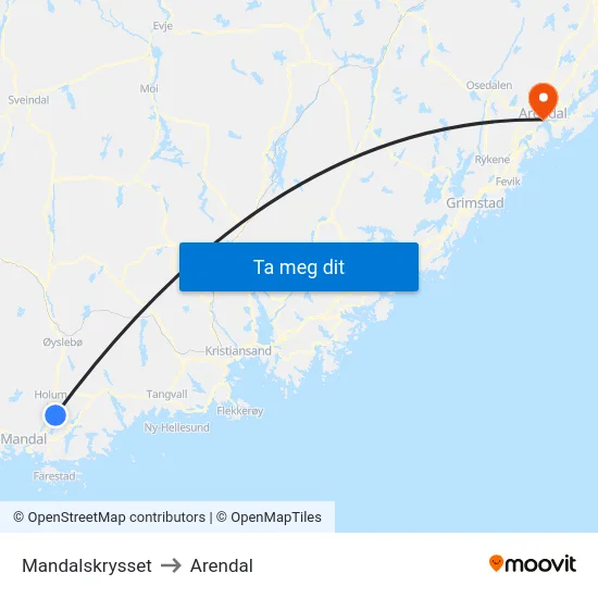 Mandalskrysset to Arendal map