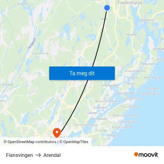 Fiansvingen to Arendal map