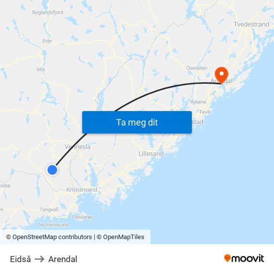 Eidså to Arendal map